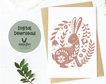 Printable Spring Rabbit Card,Digital Card in Three Colors, Card for Loved One,Floral, Rabbit Greeting Card, 5x7 Card, Printable Envelope