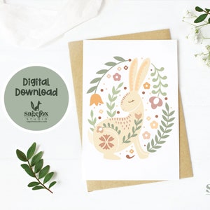 Biglietto stampabile con coniglio primaverile, biglietto digitale per moglie, biglietto per zia, biglietto per la persona amata, biglietto di auguri floreale, biglietto 5x7, busta stampabile