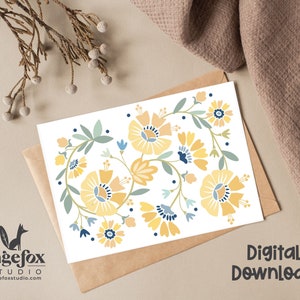 Biglietto d'auguri stampabile con fiori gialli e indaco, biglietto per la festa della mamma, ringraziamento, biglietto 5x7, busta stampabile