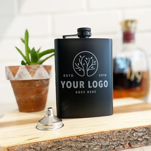 Custom Logo Engraved Flask, Etched 8 oz Stainless Steel Flask with Personalized Logo