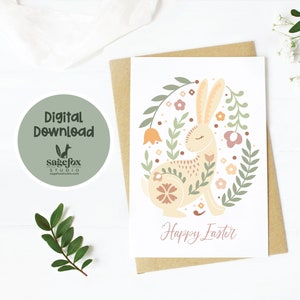 Biglietto stampabile con coniglio pasquale, biglietto digitale per moglie, biglietto per zia, biglietto per la persona amata, biglietto di auguri floreale, biglietto 5x7, busta stampabile