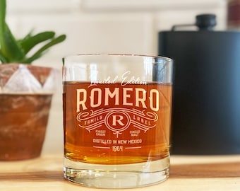 Custom Family Vintage Label Engraved Rocks Glass, Etched glass with personalized logo, custom logo cocktail glass, Custom whiskey glass