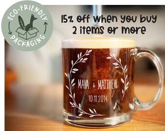 Custom Wedding, Anniversary, Relationship Engraved Glass Mug,Personalized Relationship Etched Clear Glass Mug,Engraved Anniversary Glass Mug