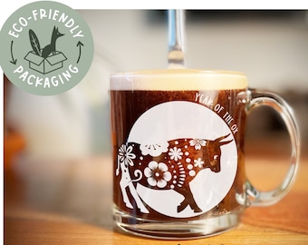 Custom Chinese Zodiac Etched Glass Mug, Year of the Rat, Ox, Rabbit, Monkey, Horse, Goat, Pig, Snake, Dragon, Tiger, Dog, Rooster