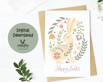 Printable Easter Rabbit Card,Digital Card for Wife,Card for Aunt, Card for Loved One,Floral Greeting Card, 5x7 Card, Printable Envelope