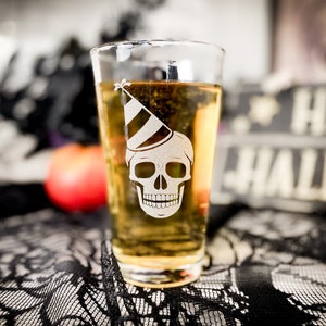 Pick Your Poison Etched Halloween 16 oz Pint Glass, Halloween Skeleton Glass, Halloween Beer Glass