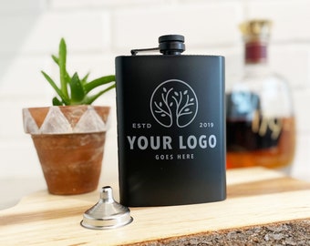Custom Logo Engraved Flask, Etched 8 oz Stainless Steel Flask with Personalized Logo
