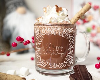Happy Holidays Wreath Engraved Glass Mug, Etched Coffee Mug, Engraved Latte Mug, Glass Tea Mug, Hygge Mug, Christmas Mug, Winter Glass Mug