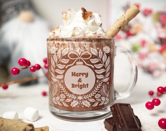 Merry & Bright Wreath Engraved Glass Mug, Etched Coffee Mug, Engraved Latte Mug, Glass Tea Mug, Hygge Mug, Christmas Mug, Winter Glass Mug