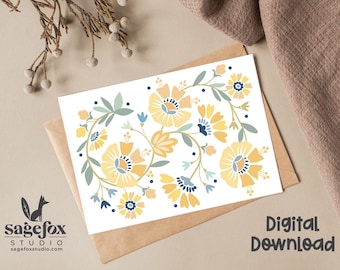 Printable Yellow and Indigo Flower Greeting Card, Mother’s Day card, thank you, 5x7 Card, Printable Envelope