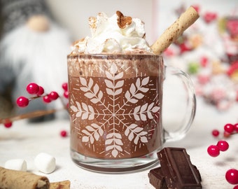 Snowflake Engraved Glass Mug, Etched Coffee Mug, Engraved Latte Mug, Glass Tea Mug, Hygge Mug, Christmas Mug, Winter Glass Mug
