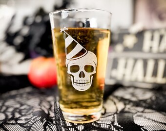 Pick Your Poison Etched Halloween 16 oz Pint Glass, Halloween Skeleton Glass, Halloween Beer Glass