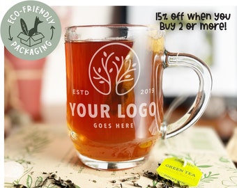 Custom Logo Engraved Glass Mug, Etched glass mug with personalized logo, custom logo mug