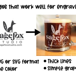 May include: A white ceramic mug with a black fox and leaf design engraved on the side. The design includes the text "Sagefox Studio" and the website address "sagefoxstudio.com".