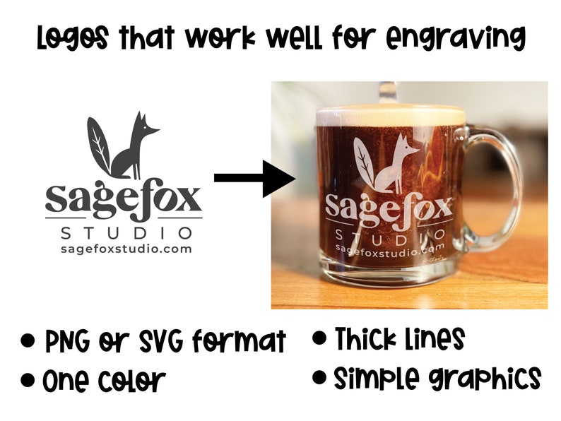 May include: A white ceramic mug with a black fox and leaf design engraved on the side. The design includes the text "Sagefox Studio" and the website address "sagefoxstudio.com".