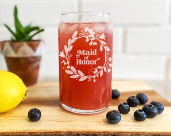 Etched Wedding Party Can Glass, Bride Engraved Clear Can Glass, Maid of Honor Etched Glass, Flower Girl Lemonade, Mother of the Bride Glass