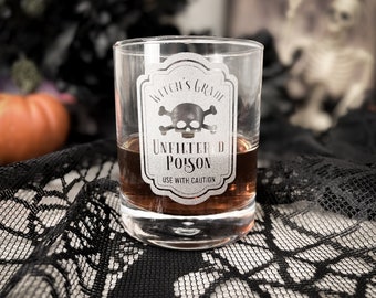 Pick Your Poison Etched Halloween 10 oz Rocks Glass, Halloween Skeleton Glass, Halloween whiskey Glass, old fashion glass