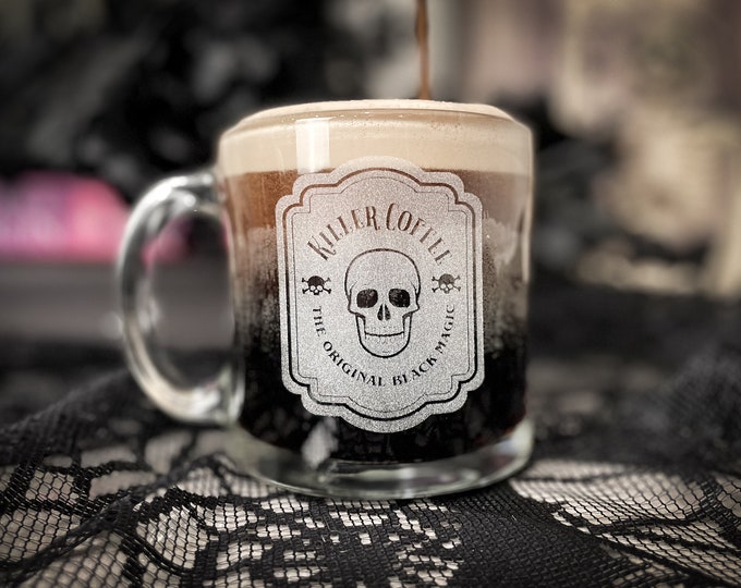 Killer Coffee Mug, Pick Your Poison Etched Halloween 13 oz Glass Mug, Halloween Skeleton Glass, Halloween coffee cup