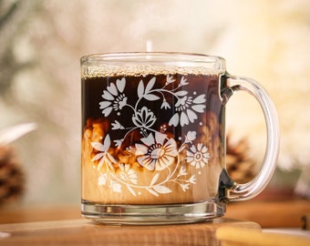 Floral Etched Glass Mug - Engraved Clear Glass Mug, Flower Lover Mug