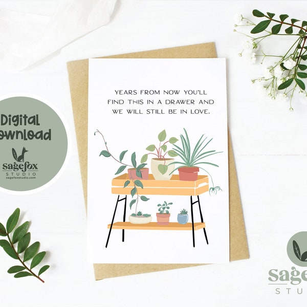 Printable Anniversary Card,Digital Card for Wife,Card for Husband,House Plant Greeting Card, 5x7 Card, Printable Envelope