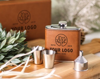 Custom Logo Engraved leatherette Flask Set, Personalized flask, Business flask, Gift for him, Gift for dad, Gift for father-in-law