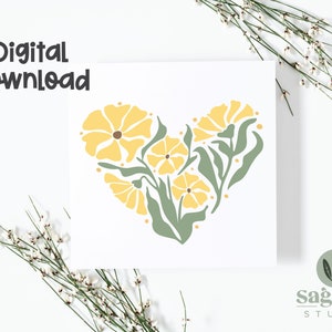 Afdrukbare hartvormige bloemenkaart, Moederdag, verjaardagskaart, sympathiekaart, digitale wenskaart, 5x5 vierkante kaart, afdrukbare envelop