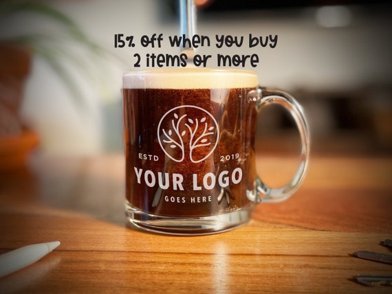 Custom Logo Engraved Glass Mug, Etched glass mug with personalized logo, custom logo mug