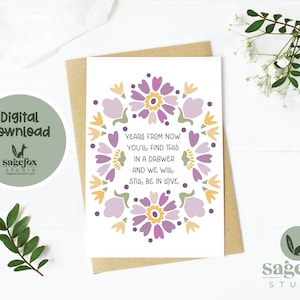 Biglietto di San Valentino stampabile, Biglietto digitale per moglie, Biglietto per marito, Biglietto per la persona amata, Biglietto d'auguri floreale, Biglietto 5x7, Busta stampabile