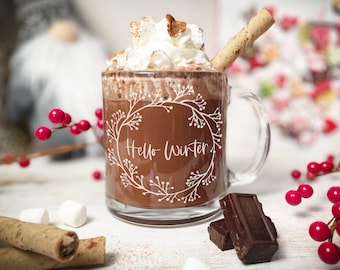 Engraved Glass Mug, Hello Winter, coffee mug, tea mug, latte mug