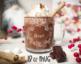 Custom Name Wreath Etched Glass Mug, Personalized Text Engraved Clear Glass Mug