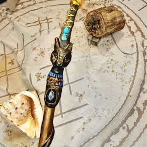 Powerful Wand | Altar Tool | Witchcraft Supply | Wooden Wand | Holly land Wood Art | Crystal Wand | Bastet Goddess Wand | One of a Kind Art