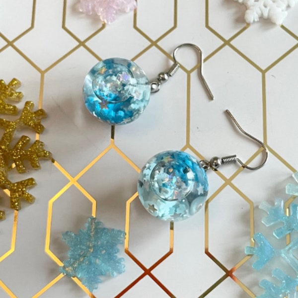 Snowflake Christmas Glass Globe Ball Shaker Earrings