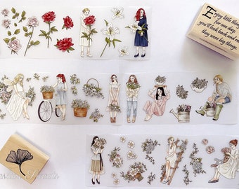 Windry Ramadhina x Journal Pages - Bouquets - 12 Girl and Flower Stickers - PET Tape - One Loop