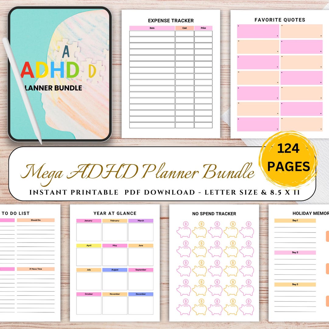 Mega ADHD Planner Bundle Printable PDF | Focus Tracker Daily Routine ...