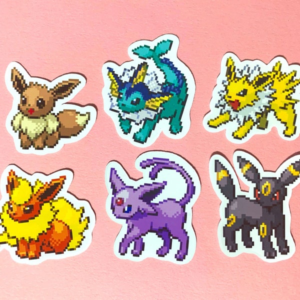 Eevee Evolutions Mini Sticker Collection Pixel Sprite Style + Shiny Set - Glossy Vinyl Sticker - Pokémon - Perfect for Phone / Phone Case