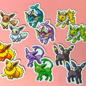 Eevee Evolutions Mini Sticker Collection Pixel Sprite Style + Shiny Set - Glossy Vinyl Sticker - Pokémon - Perfect for Phone / Phone Case Standard + Shiny Set