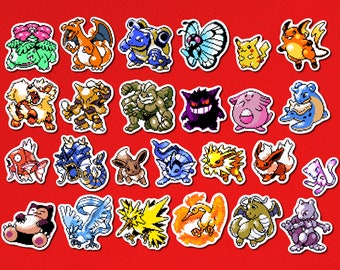 Kanto y Johto Classics Mini pegatinas Set de 25 - Pegatinas de vinilo brillante Charizard Venasaur Blastoise Pikachu Eevee Gengar