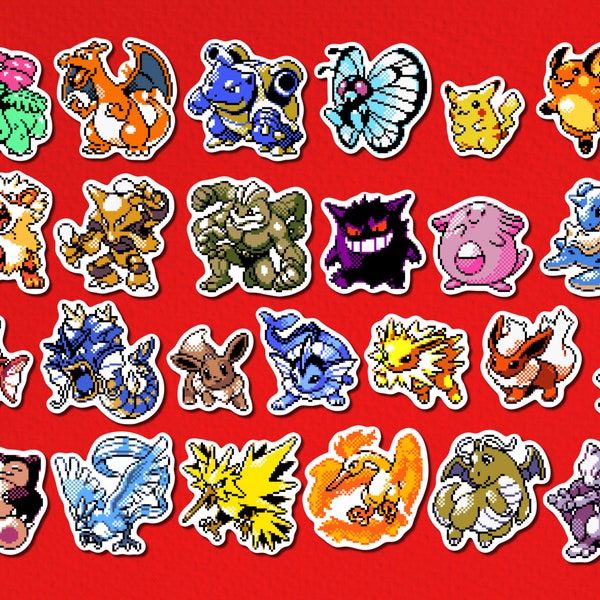 Lot de 25 mini stickers Kanto et Johto Classics - Stickers vinyles brillants Charizard Venasaur Blastoise Pikachu Eevee Gengar