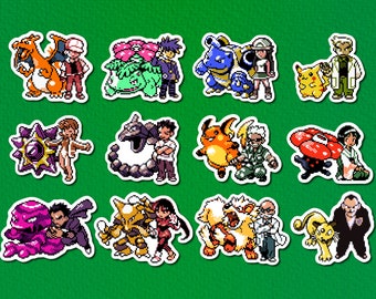 Kanto Team Up Mini Stickers Set van 12 met 8 Gym Leaders + Trainer Rood, Blauw, Groen en Professor Oak - Glanzende vinylstickers