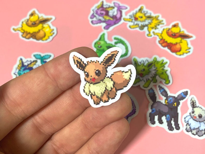 Eevee Evolutions Mini Sticker Collection Pixel Sprite Style + Shiny Set - Glossy Vinyl Sticker - Pokémon - Perfect for Phone / Phone Case image 2