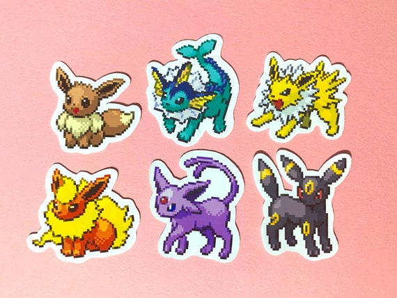 Eevee Evolutions Mini Sticker Collection Pixel Sprite Style + Shiny Set - Glossy Vinyl Sticker - Pokémon - Perfect for Phone / Phone Case