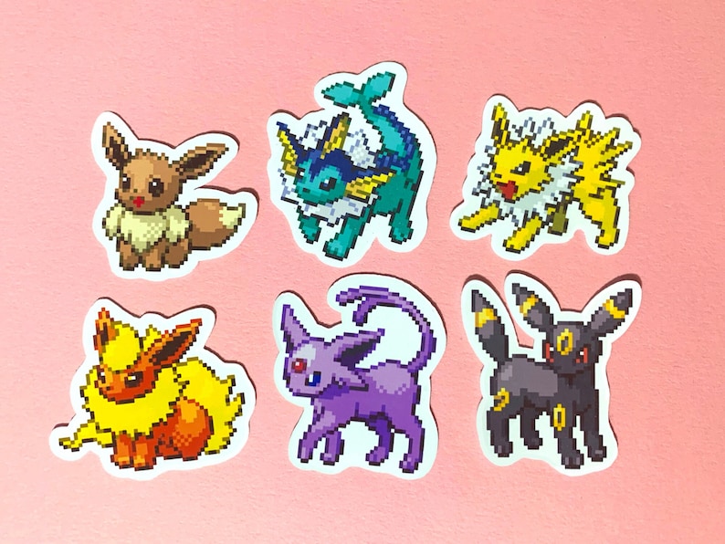 Eevee Evolutions Mini Sticker Collection Pixel Sprite Style + Shiny Set - Glossy Vinyl Sticker - Pokémon - Perfect for Phone / Phone Case Standard Set of 6