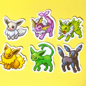 Eevee Evolutions Mini Sticker Collection Pixel Sprite Style + Shiny Set - Glossy Vinyl Sticker - Pokémon - Perfect for Phone / Phone Case Shiny Set of 6