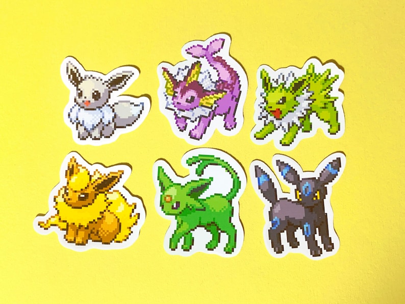 Eevee Evolutions Mini Sticker Collection Pixel Sprite Style + Shiny Set - Glossy Vinyl Sticker - Pokémon - Perfect for Phone / Phone Case Shiny Set of 6