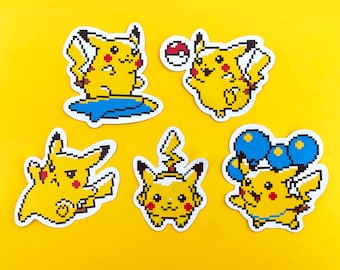 Pikachu Stickers Pixel Style Set of 5 - Glossy Vinyl Stickers
