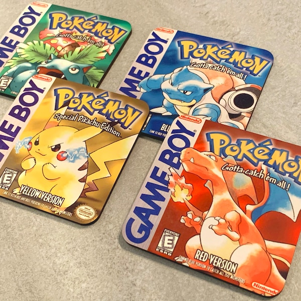 Dessous de verre Pokémon rouge bleu jaune vert/cadeau/pièces de présentation - Art de la boîte de jeu vidéo de génération 1 pour Game Boy - lot de 4