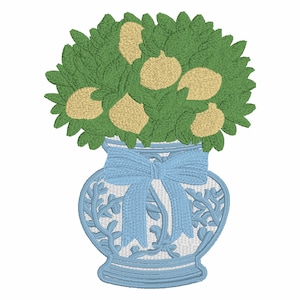 Lemon Tree Topiary Chinoiserie Ginger Jar Coquette Bow Ribbon Embroidery File Formats .jef .bmp. .dst .sew .hus. pcs .pes .xxx .vp3 .vip