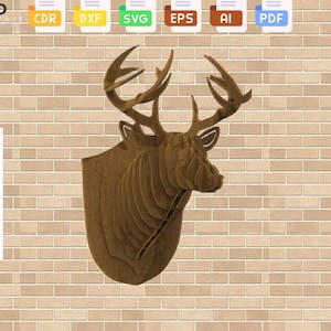 Cabeza de ciervo modelo decoración de pared, corte láser, Svg, Dxf, Cdr, Ai, Pdf, láser, pegatina de pared, grabado, silueta, corte CNC, Vector, descarga instantánea