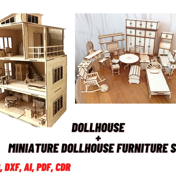 Dollhouse 3 mm Laser Cut Files SVG,DXF,Ai,Cdr,Wood Toy House Template, Doll house Kit Laser Cut, Glowforge,Miniature Dollhouse Furniture Set