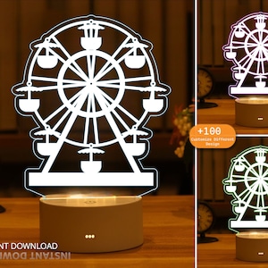 Pariserhjulsnattlampa akryl för laserskärning, miljövänlig LED-lampa, CNC-skärning, pariserhjuls-SVG, DXF, AI, CDR, vektorfiler, Glowforge